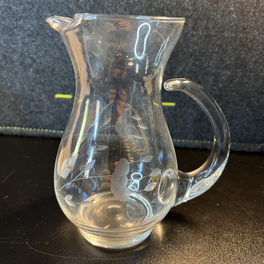 Vintage Princess House Heritage Glass Pitcher Flowers Engraved/Etched 6 1/2" H